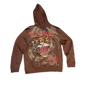 Ed Hardy Brown Tiger Hoodie Large NWT Red Logo Y2K Los Angeles Designer Y2K VTG